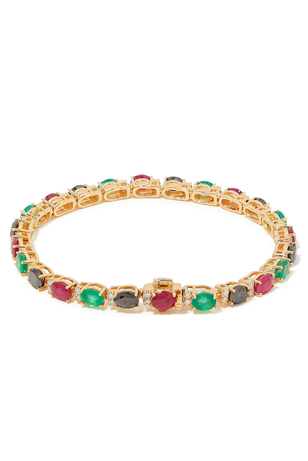 Tennis Bracelet, 14k Yellow Gold with Rubys, Blue Sapphires, Emeralds & Diamonds